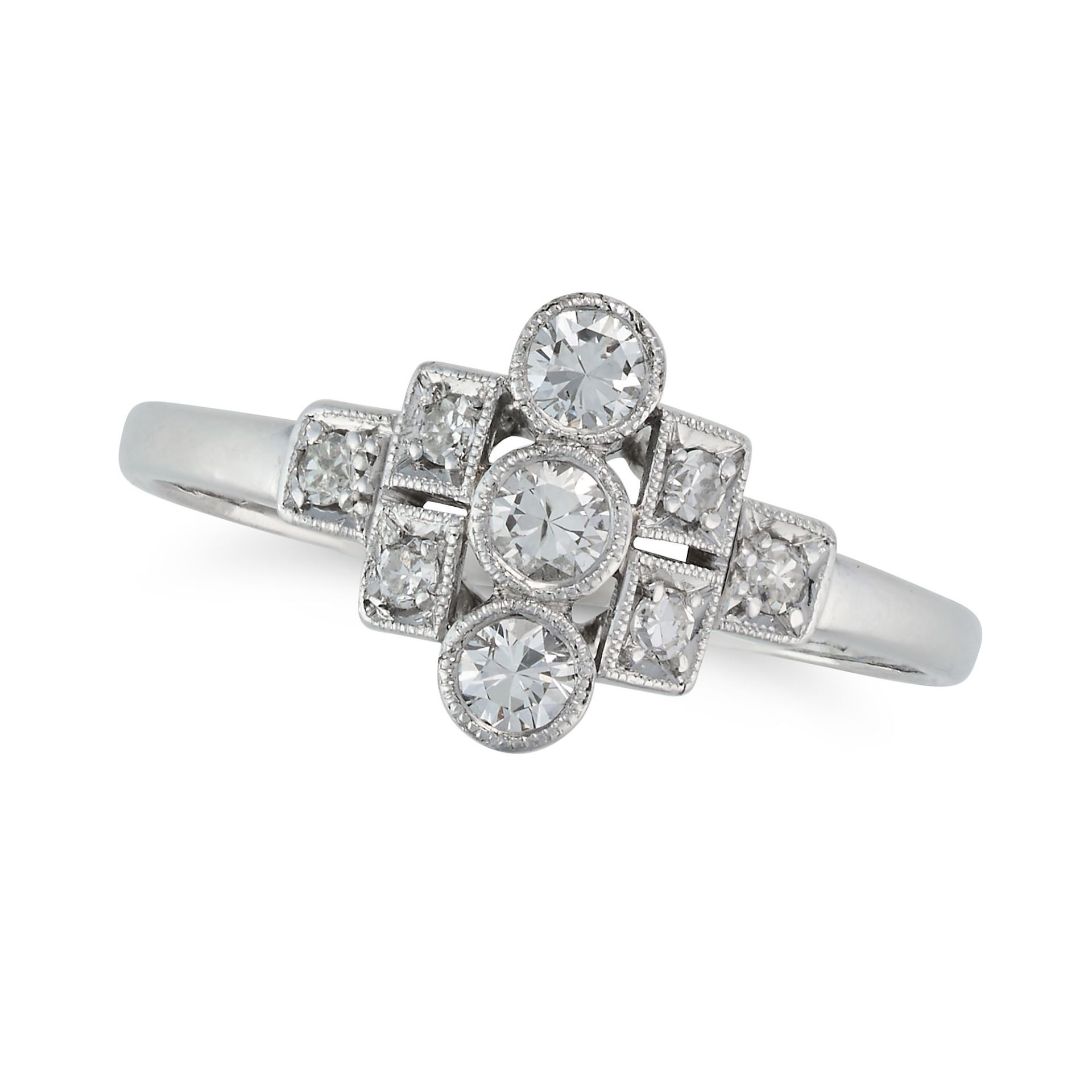 A DIAMOND RING set with a row of three round brilliant cut diamonds, the stepped shoulders set wi...