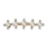 AN ANTIQUE NATURAL SALTWATER PEARL AND DIAMOND BROOCH in yellow gold and silver, set with a row o...