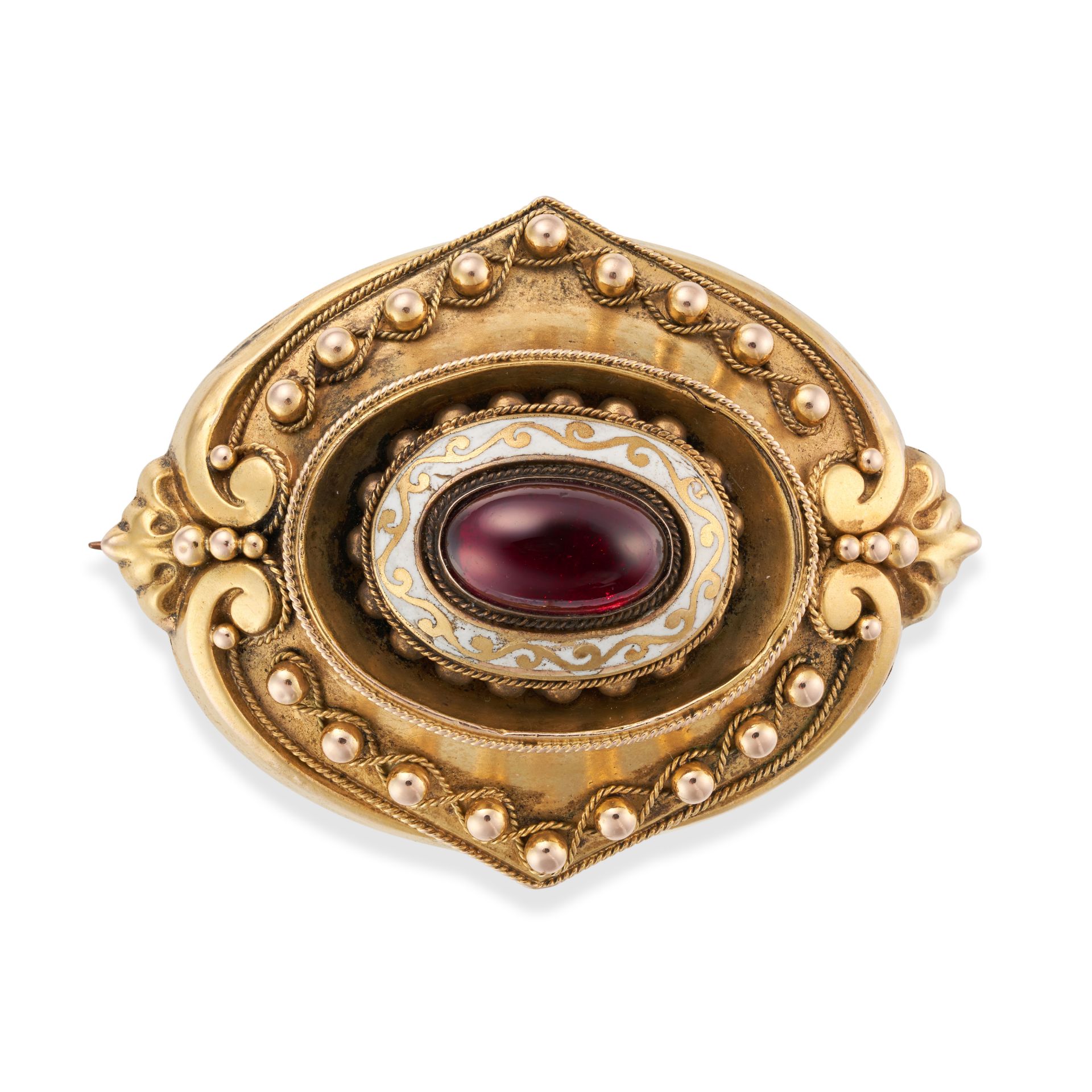 AN ANTIQUE GARNET AND ENAMEL LOCKET BROOCH set with an oval cabochon garnet in a border of white ...