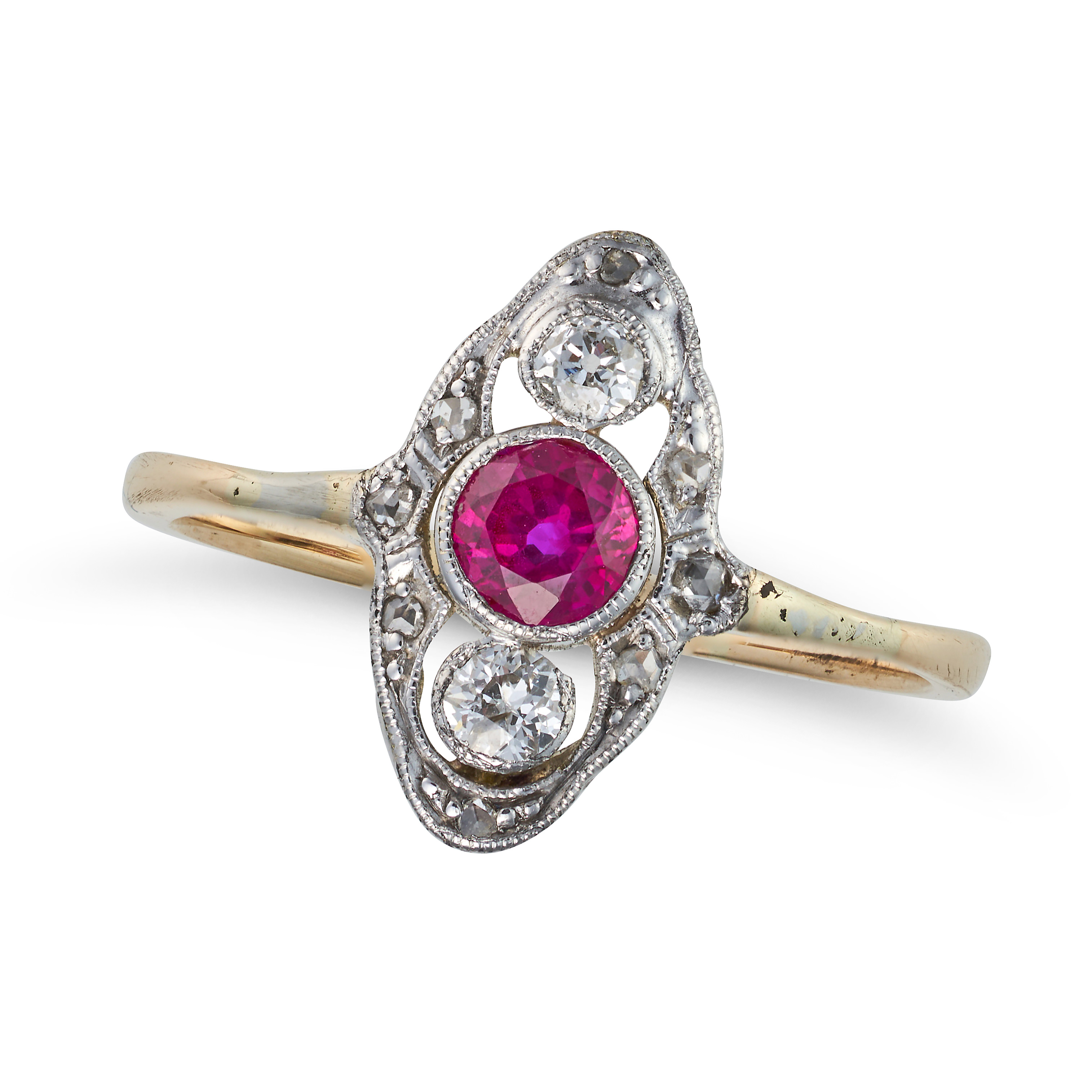 AN ANTIQUE RUBY AND DIAMOND NAVETTE RING the navette face set with a round cut ruby of approximat...