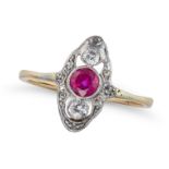 AN ANTIQUE RUBY AND DIAMOND NAVETTE RING the navette face set with a round cut ruby of approximat...