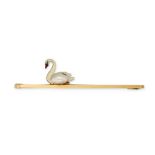 AN ANTIQUE PEARL AND ENAMEL SWAN BAR BROOCH in 15ct yellow gold, designed as a swan set with a pe...