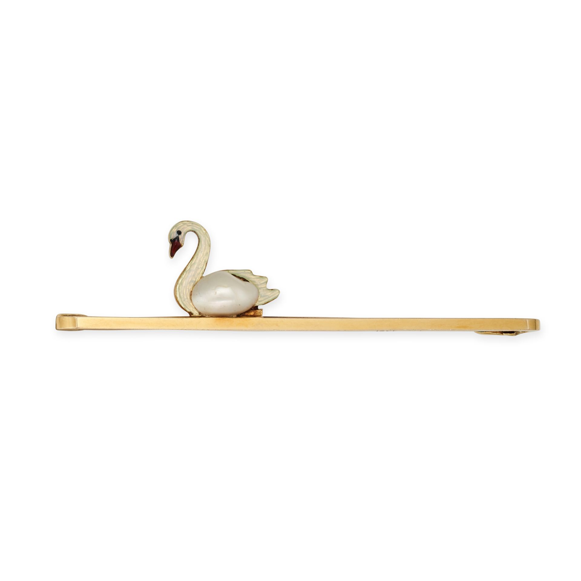 AN ANTIQUE PEARL AND ENAMEL SWAN BAR BROOCH in 15ct yellow gold, designed as a swan set with a pe...