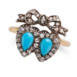 AN ANTIQUE TURQUOISE AND DIAMOND SWEETHEART RING in yellow gold and silver, designed as two inter...