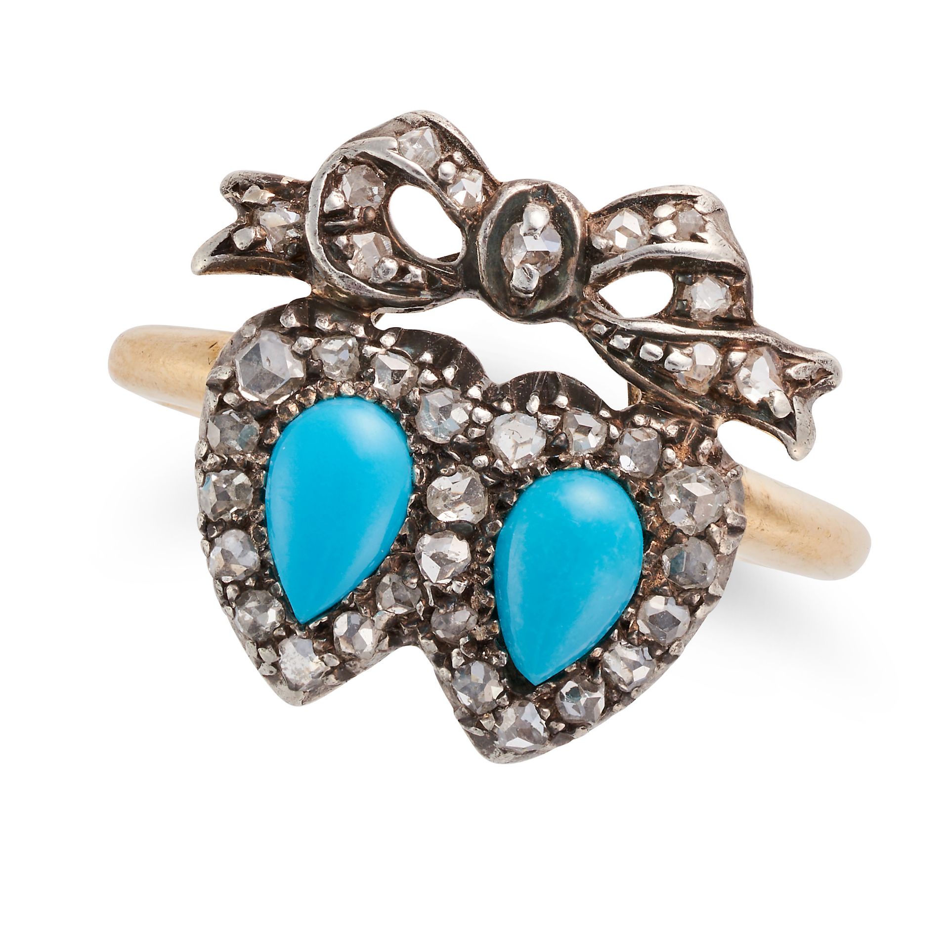 AN ANTIQUE TURQUOISE AND DIAMOND SWEETHEART RING in yellow gold and silver, designed as two inter...