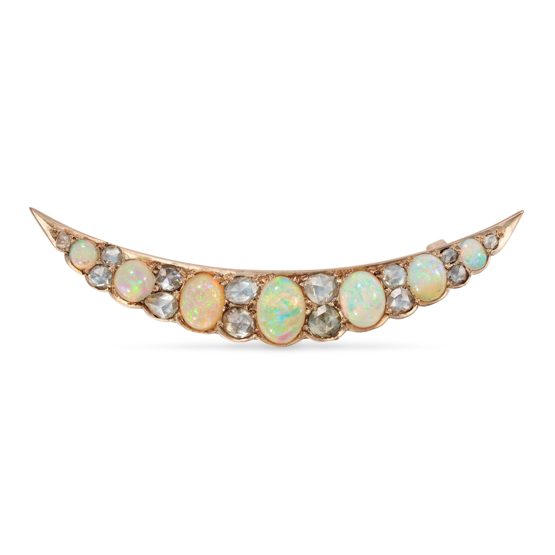 AN ANTIQUE OPAL AND DIAMOND CRESCENT MOON BROOCH in yellow gold, set with graduating cabochon opa...
