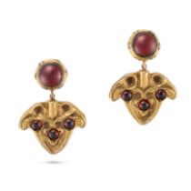 A PAIR OF ANTIQUE GARNET AND DIAMOND DROP EARRINGS each set with a round cabochon garnet accented...