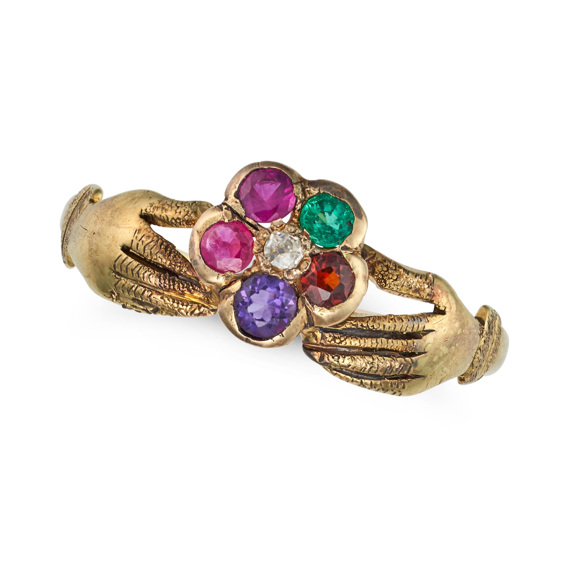 AN ANTIQUE ACROSTIC FEDE RING in yellow gold, set with a ruby, emerald, garnet, amethyst, ruby an...