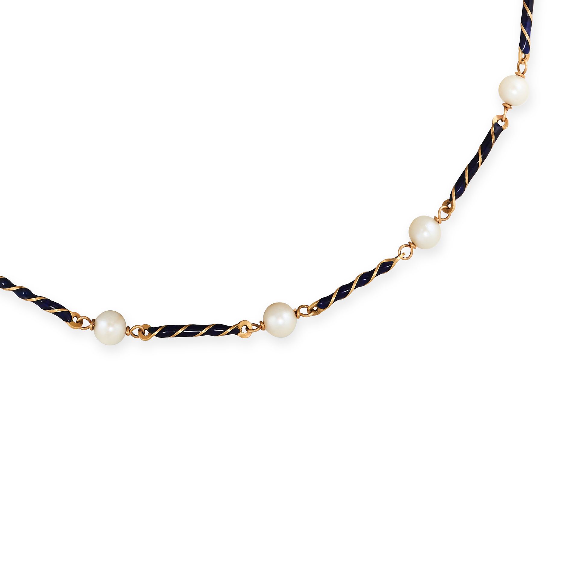 A PEARL AND ENAMEL NECKLACE comprising a row of pearls accented by twisted links relieved in blue... - Image 2 of 2