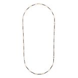 A PEARL AND ENAMEL NECKLACE comprising a row of pearls accented by twisted links relieved in blue...