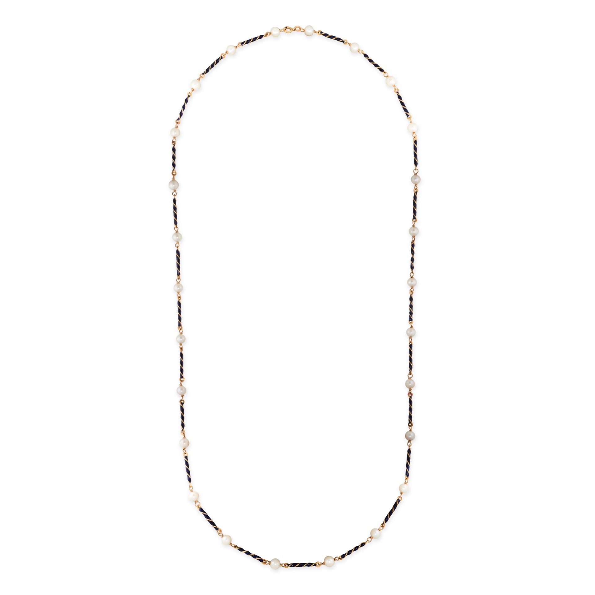 A PEARL AND ENAMEL NECKLACE comprising a row of pearls accented by twisted links relieved in blue...