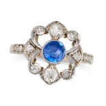A SAPPHIRE AND DIAMOND RING set with a round cut sapphire of approximately 0.46 carats accented b...