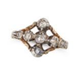 AN ANTIQUE DIAMOND RING in yellow gold and silver, set with five rose cut diamonds, no assay mark...