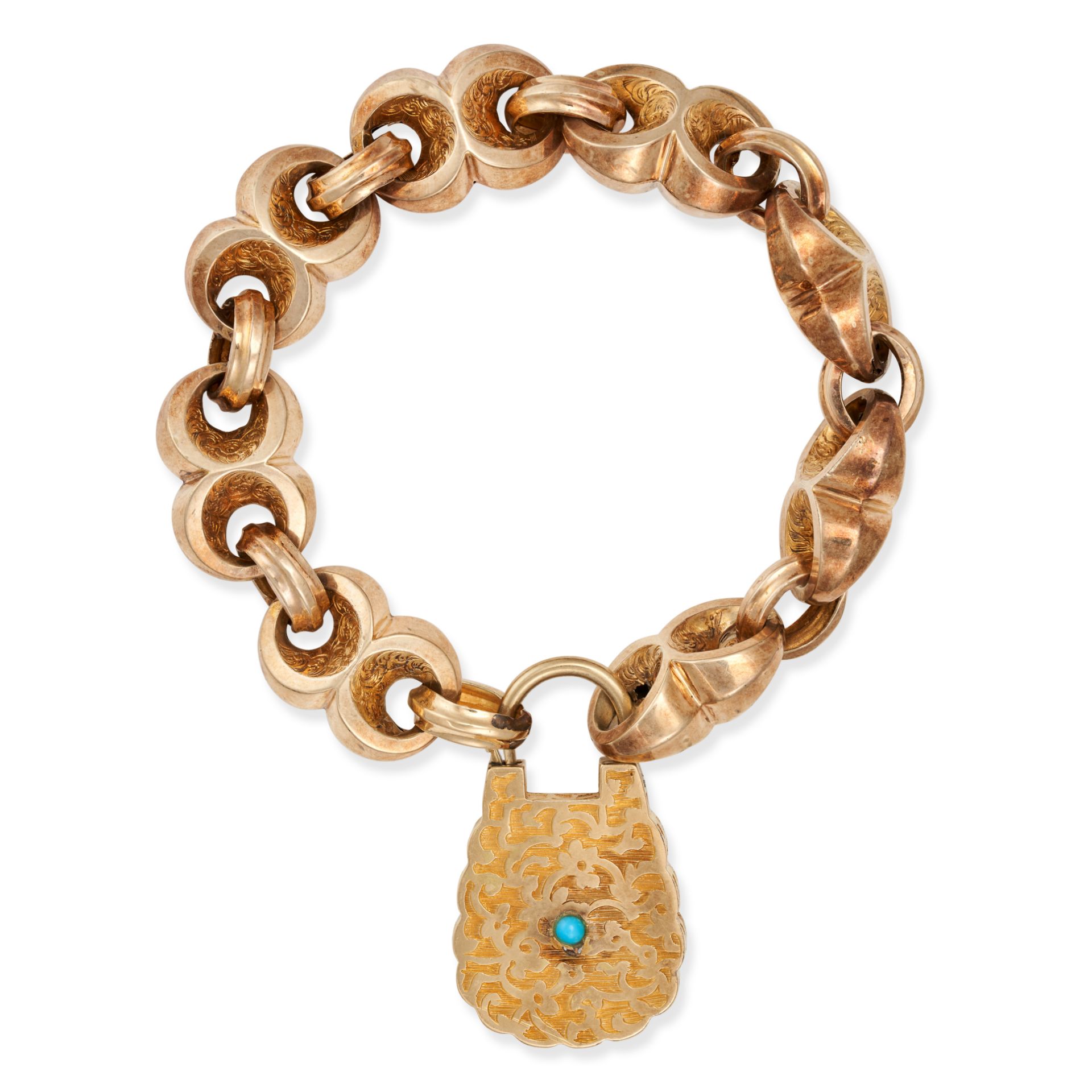 A TURQUOISE PADLOCK BRACELET in yellow gold, comprising a row of fancy links, the clasp designed ...