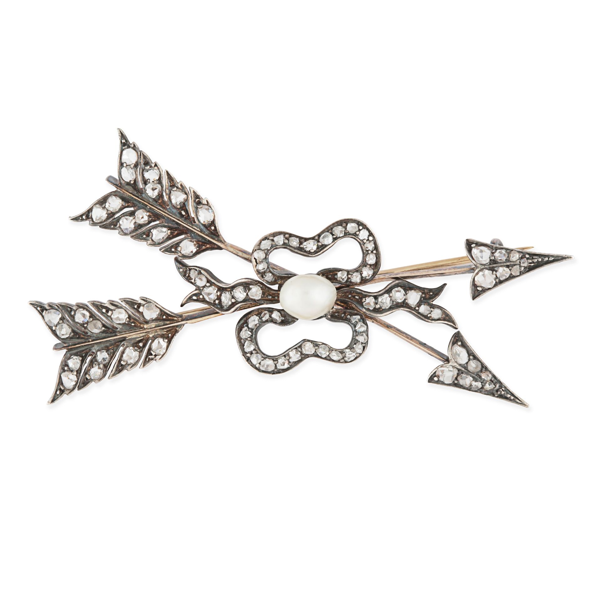 AN ANTIQUE NATURAL SALTWATER PEARL AND DIAMOND ARROW BROOCH in yellow gold and silver, designed a...