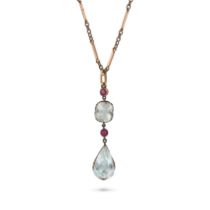 AN ANTIQUE RUSSIAN AQUAMARINE AND RUBY PENDANT in 56 zolotnik gold, comprising two round cut rubi...