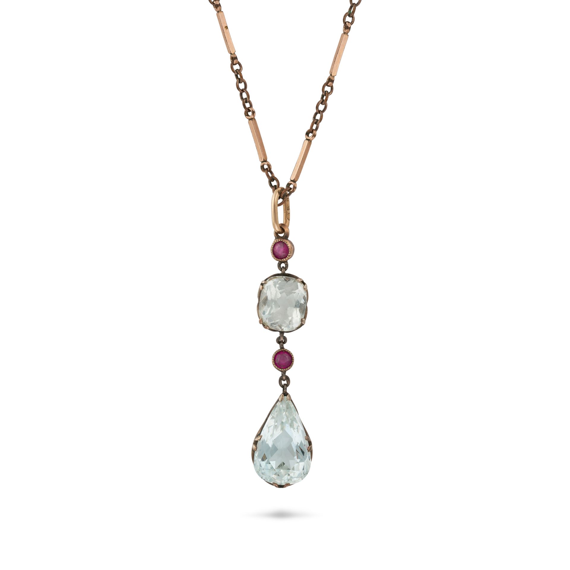 AN ANTIQUE RUSSIAN AQUAMARINE AND RUBY PENDANT in 56 zolotnik gold, comprising two round cut rubi...