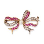 AN ANTIQUE RUBY, DIAMOND AND PEARL BOW BROOCH in yellow gold and silver, designed as a bow set wi...