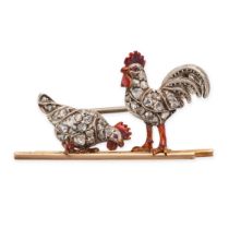 AN ANTIQUE DIAMOND AND ENAMEL ROOSTER AND HEN BROOCH in yellow gold and silver, designed as a roo...
