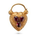 AN ANTIQUE GARNET HEART PADLOCK PENDANT designed as a heart engraved with foliate motifs, set wit...