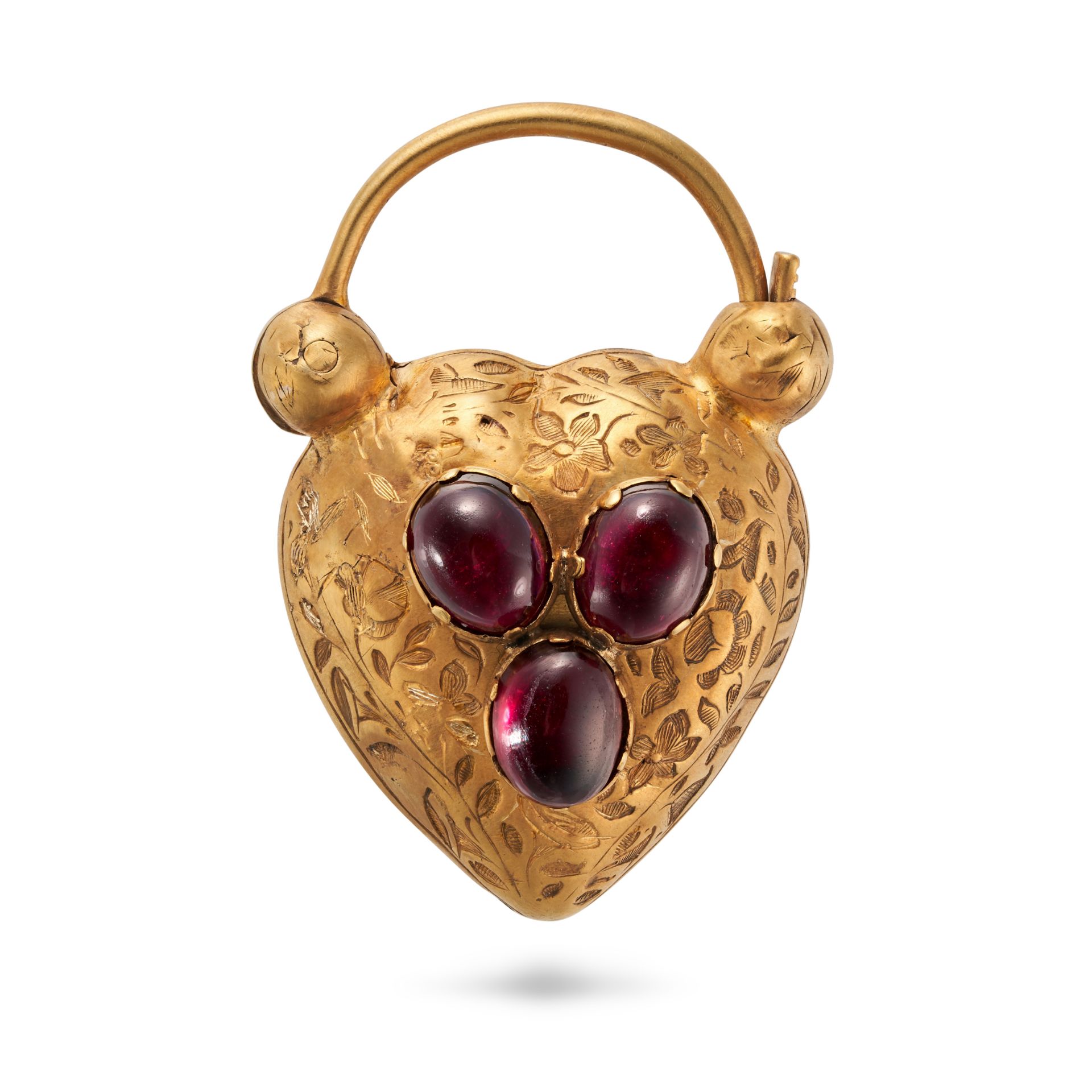 AN ANTIQUE GARNET HEART PADLOCK PENDANT designed as a heart engraved with foliate motifs, set wit...