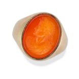 AN ANTIQUE CARNELIAN SIGNET RING in 15ct yellow gold, set with a carnelian intaglio carved to dep...