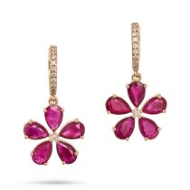 A PAIR OF RUBY AND DIAMOND FLOWER EARRINGS each comprising a hoop set with a row of round cut dia...