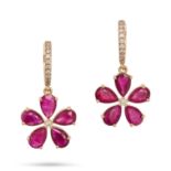 A PAIR OF RUBY AND DIAMOND FLOWER EARRINGS each comprising a hoop set with a row of round cut dia...