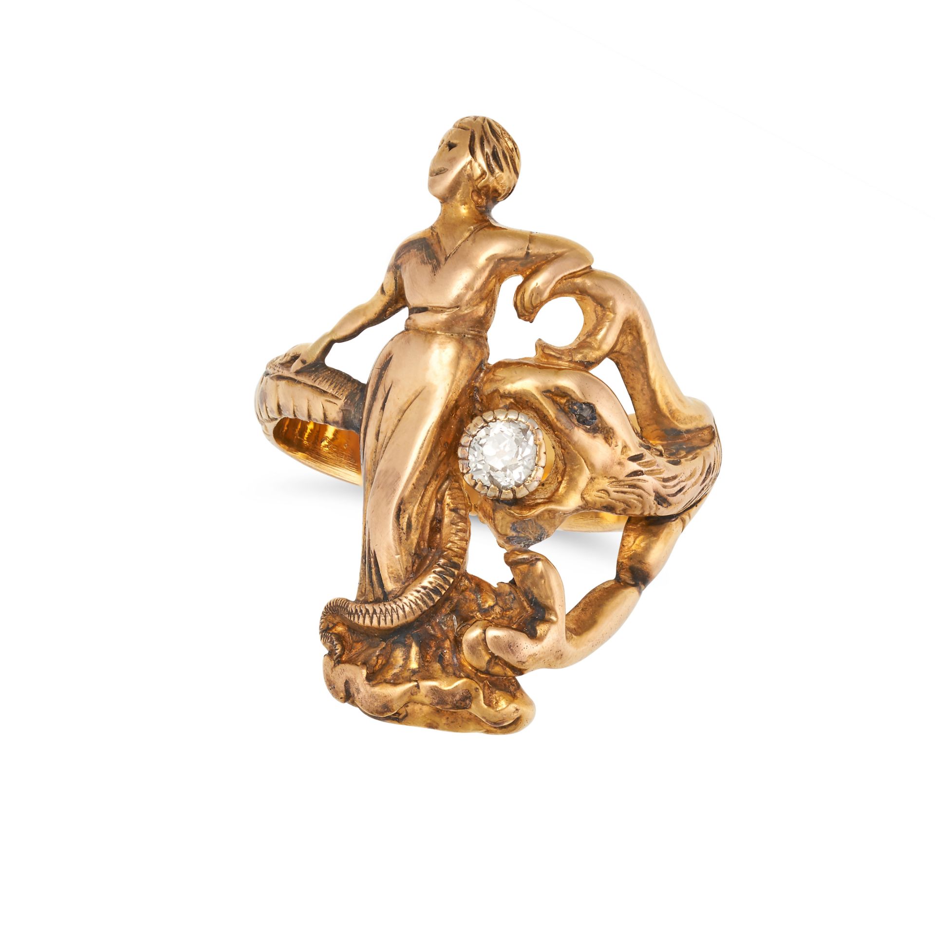 AN ART NOUVEAU DIAMOND SNAKE RING designed as a snake coiled around the figure of a woman, the sn...