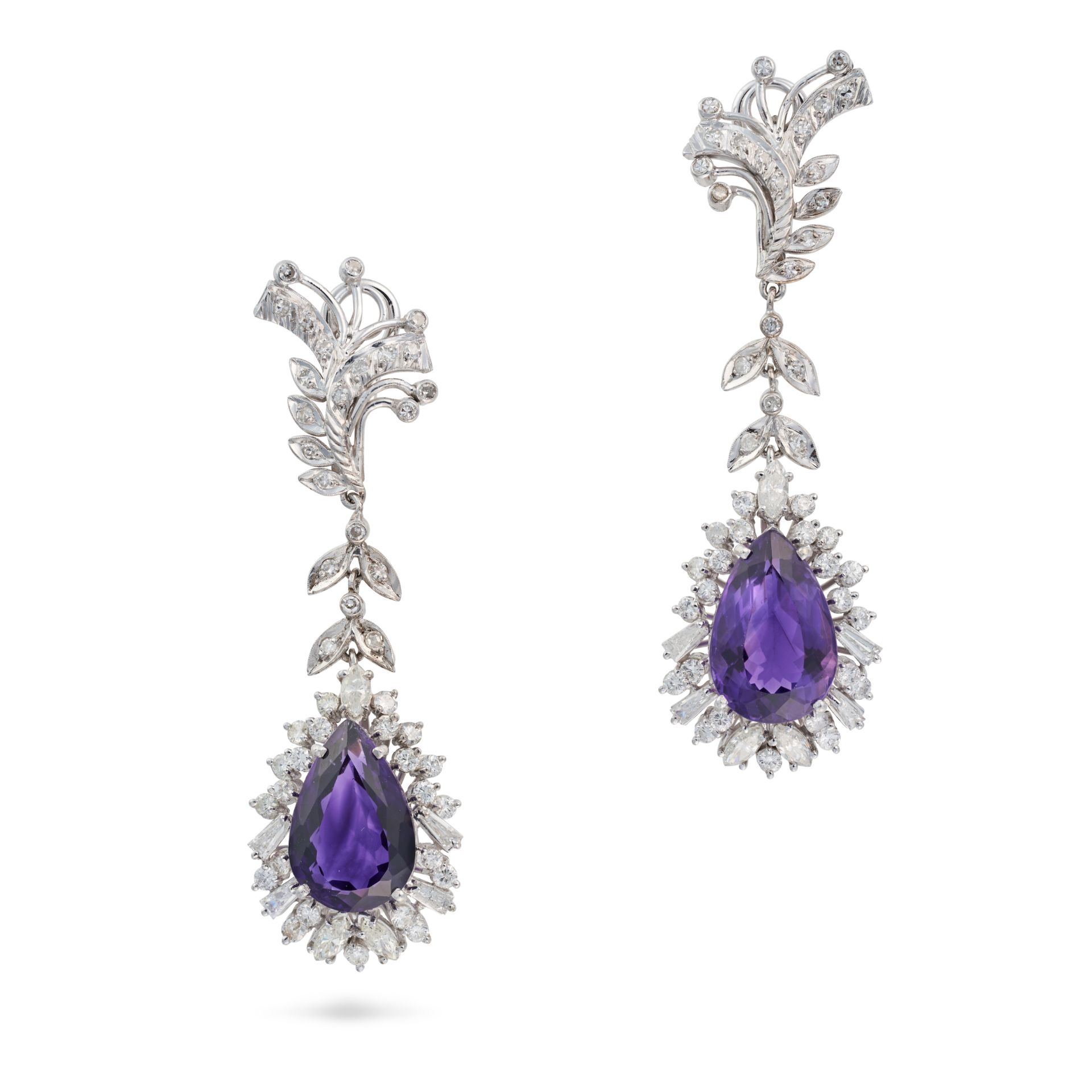 A PAIR OF AMETHYST AND DIAMOND DROP EARRINGS the scrolling earrings set throughout with round cut...