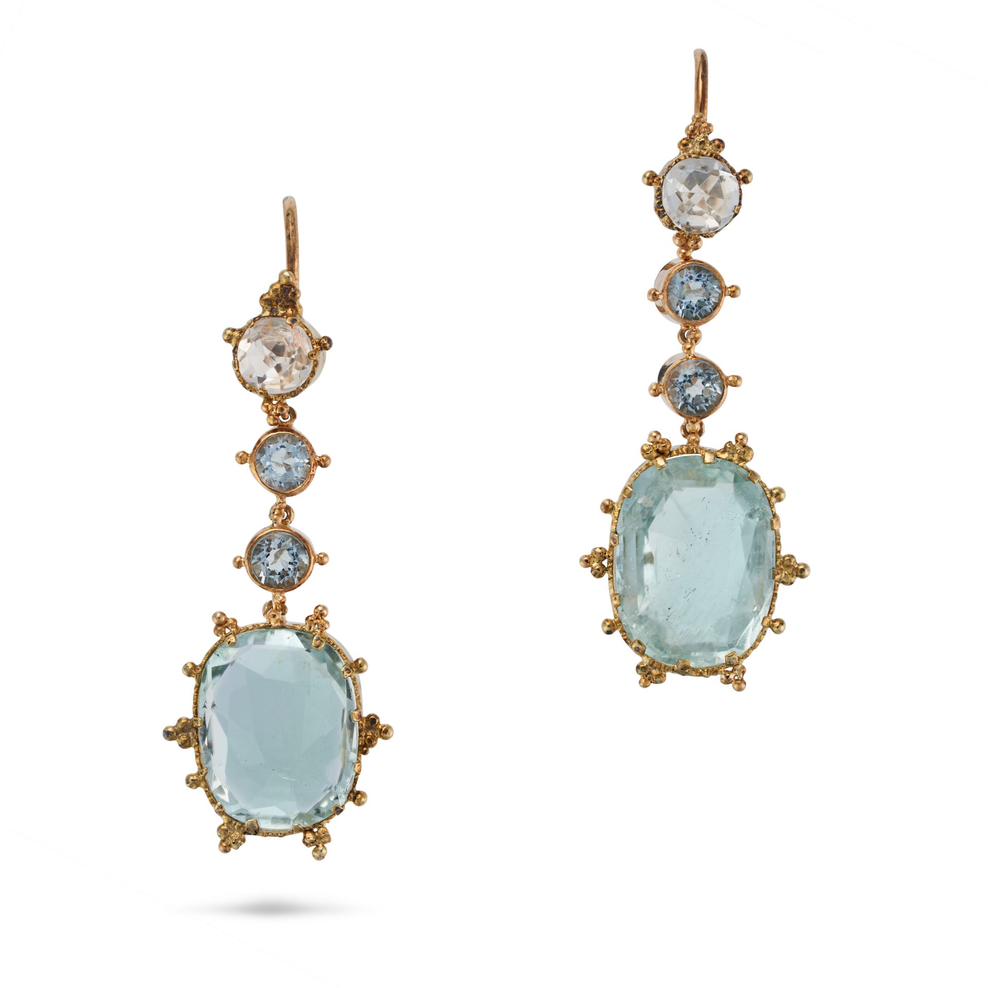 A PAIR OF ANTIQUE AQUAMARINE DROP EARRINGS in yellow gold, each comprising a row of round cut aqu...