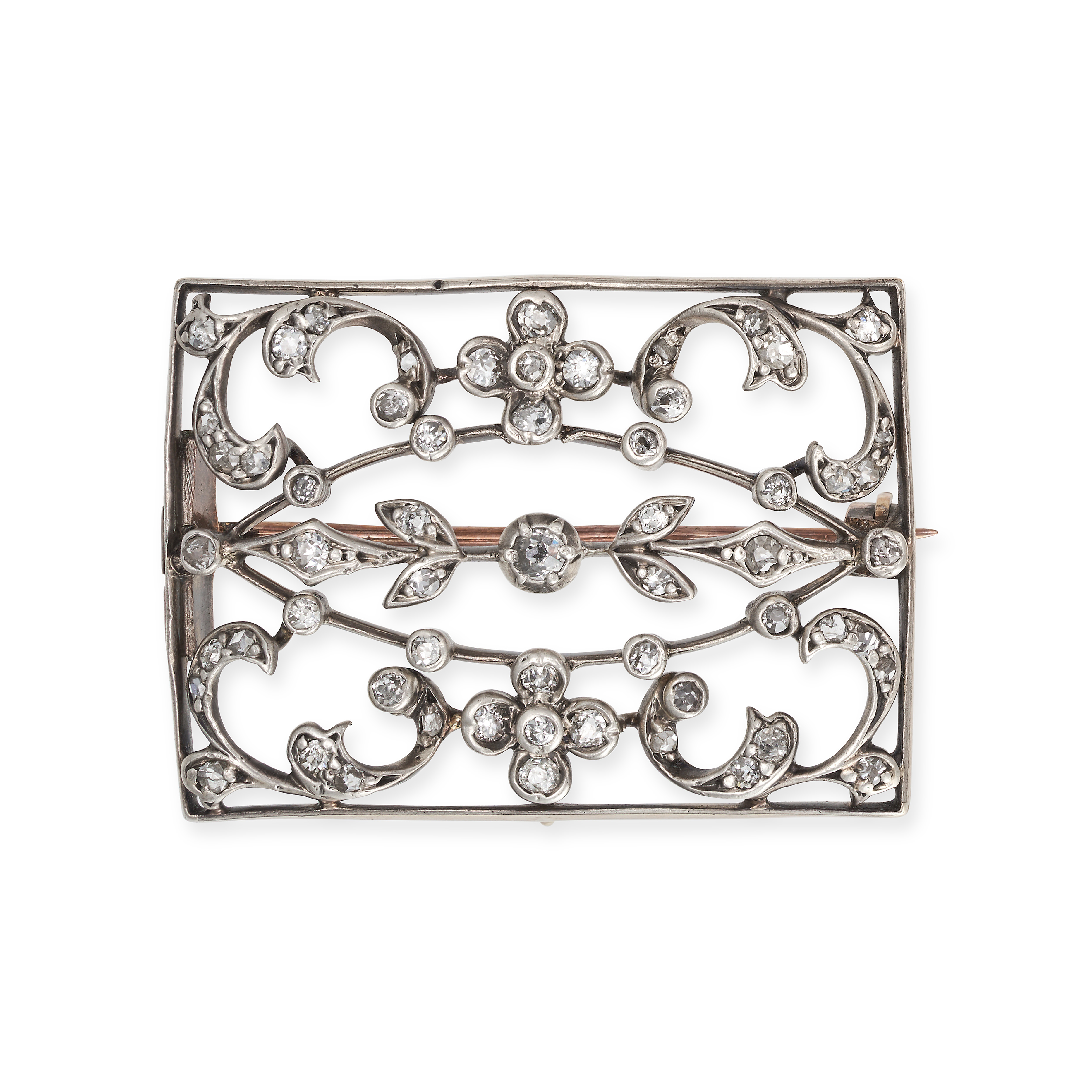 AN ANTIQUE DIAMOND PLAQUE BROOCH in yellow gold and silver, the rectangular openwork brooch set w...
