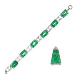 AN UNTREATED JADEITE JADE AND DIAMOND BROOCH AND BRACELET SUITE the brooch set with a  jadeite ja...