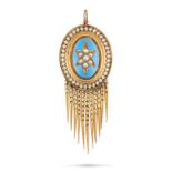 AN ANTIQUE PEARL AND ENAMEL TASSEL PENDANT in yellow gold, the oval domed body set with a cluster...