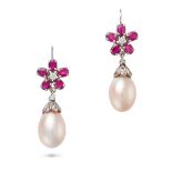 A PAIR OF RUBY, DIAMOND AND PEARL DROP EARRINGS each set with a round brilliant cut diamond in a ...