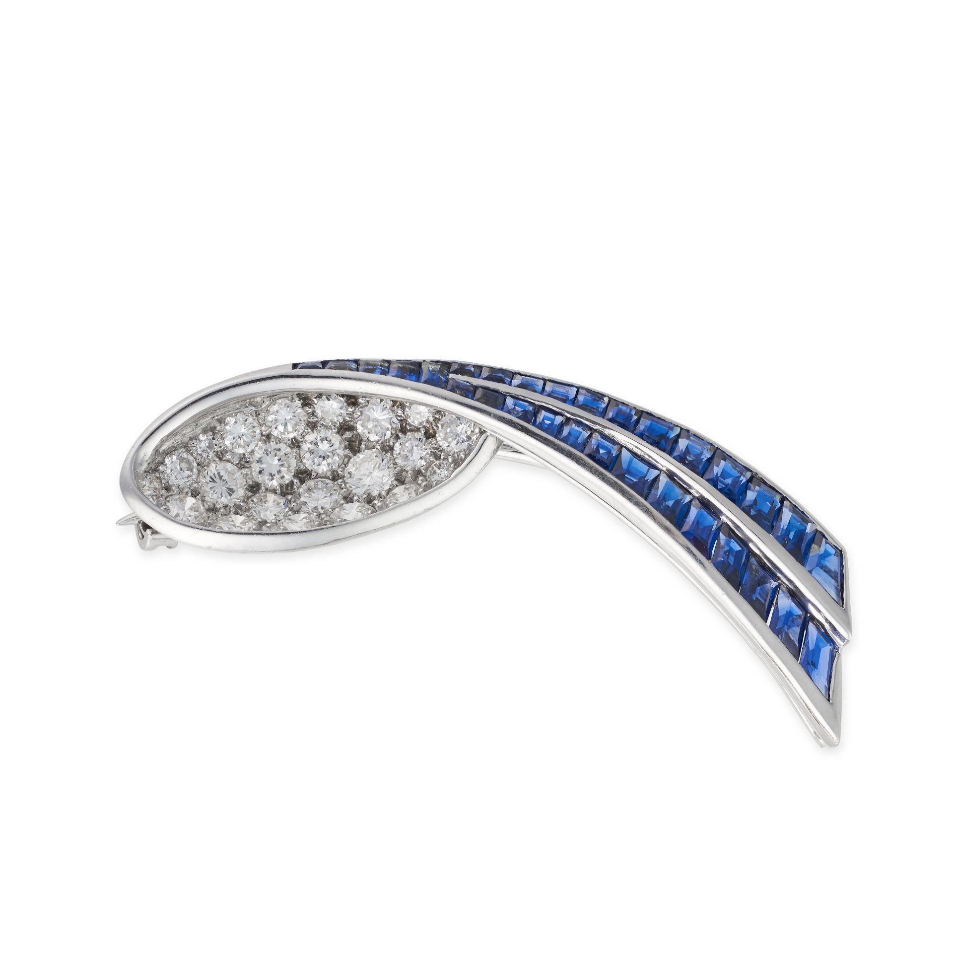 A SAPPHIRE AND DIAMOND SPRAY BROOCH in 18ct white gold, set with round brilliant cut diamonds and...