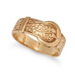 A VINTAGE GOLD BELT RING in 9ct yellow gold, designed as an engraved belt, full British hallmarks...