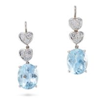 A PAIR OF BLUE TOPAZ AND DIAMOND DROP EARRINGS each comprising a row of heart shaped links set wi...
