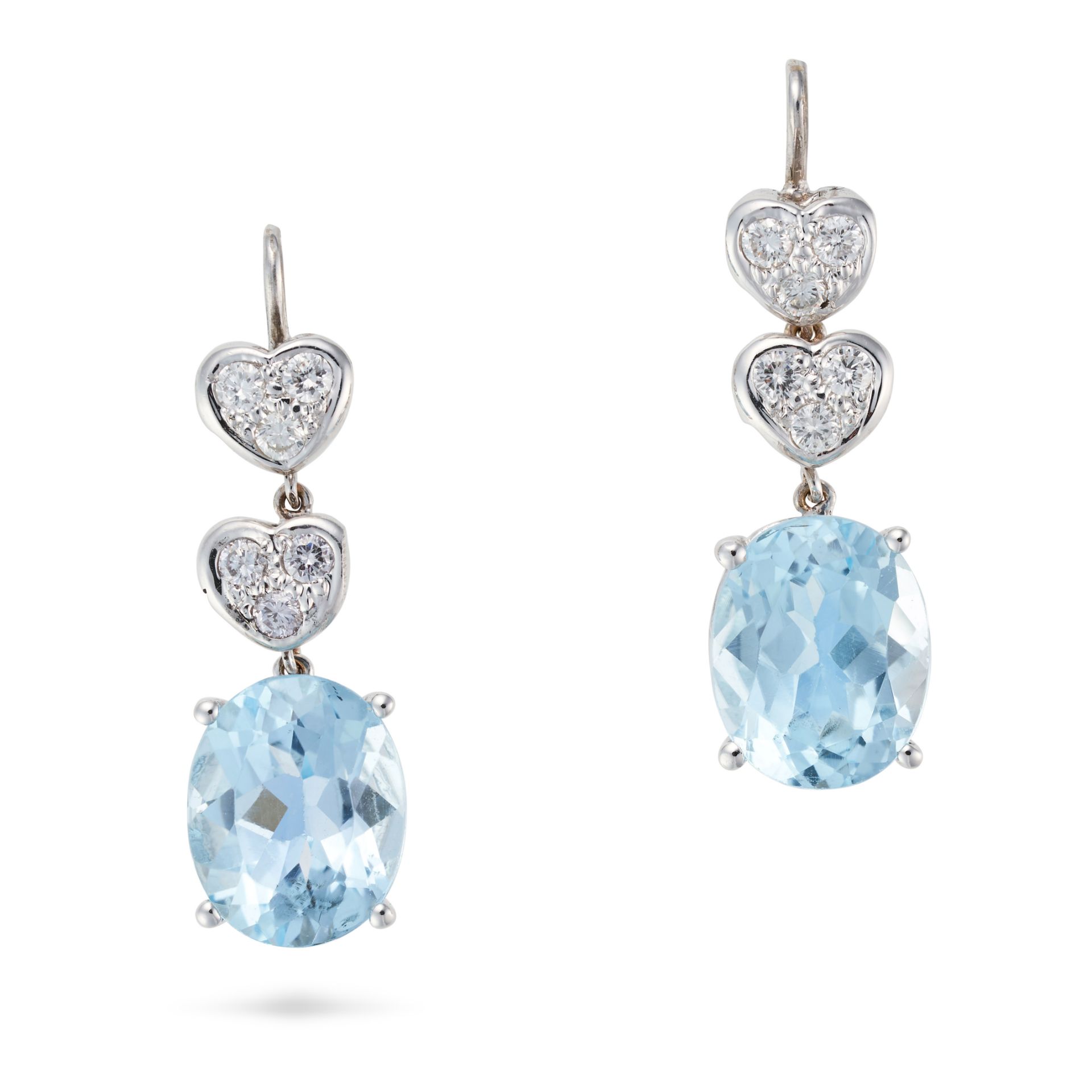 A PAIR OF BLUE TOPAZ AND DIAMOND DROP EARRINGS each comprising a row of heart shaped links set wi...