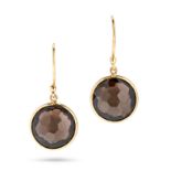 A PAIR OF SMOKEY QUARTZ DROP EARRINGS each set with a round fancy cut smoky quartz, stamped 18K, ...