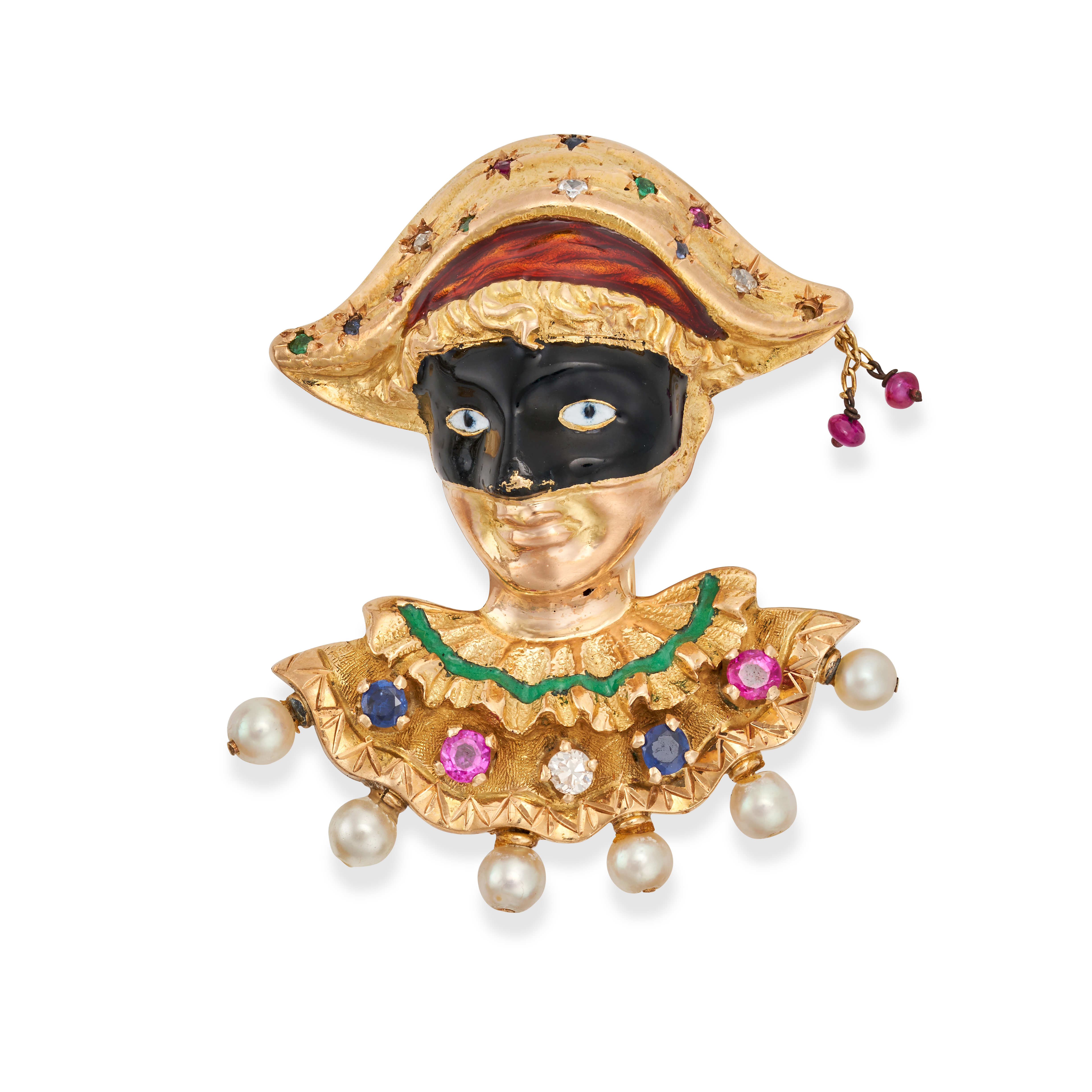A VINTAGE MULTIGEM AND ENAMEL HARLEQUIN BROOCH in yellow gold, designed as the bust of a Venetian...