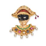 A VINTAGE MULTIGEM AND ENAMEL HARLEQUIN BROOCH in yellow gold, designed as the bust of a Venetian...