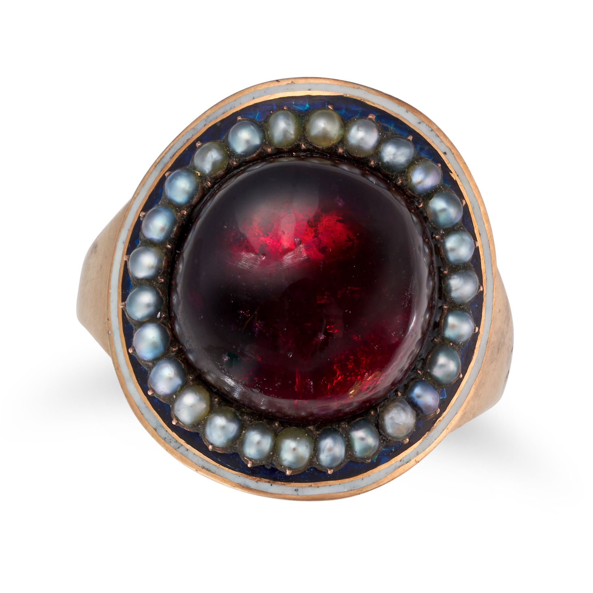 AN ANTIQUE GARNET, PEARL AND ENAMEL RING in yellow gold, set with a round cabochon garnet in a bo...
