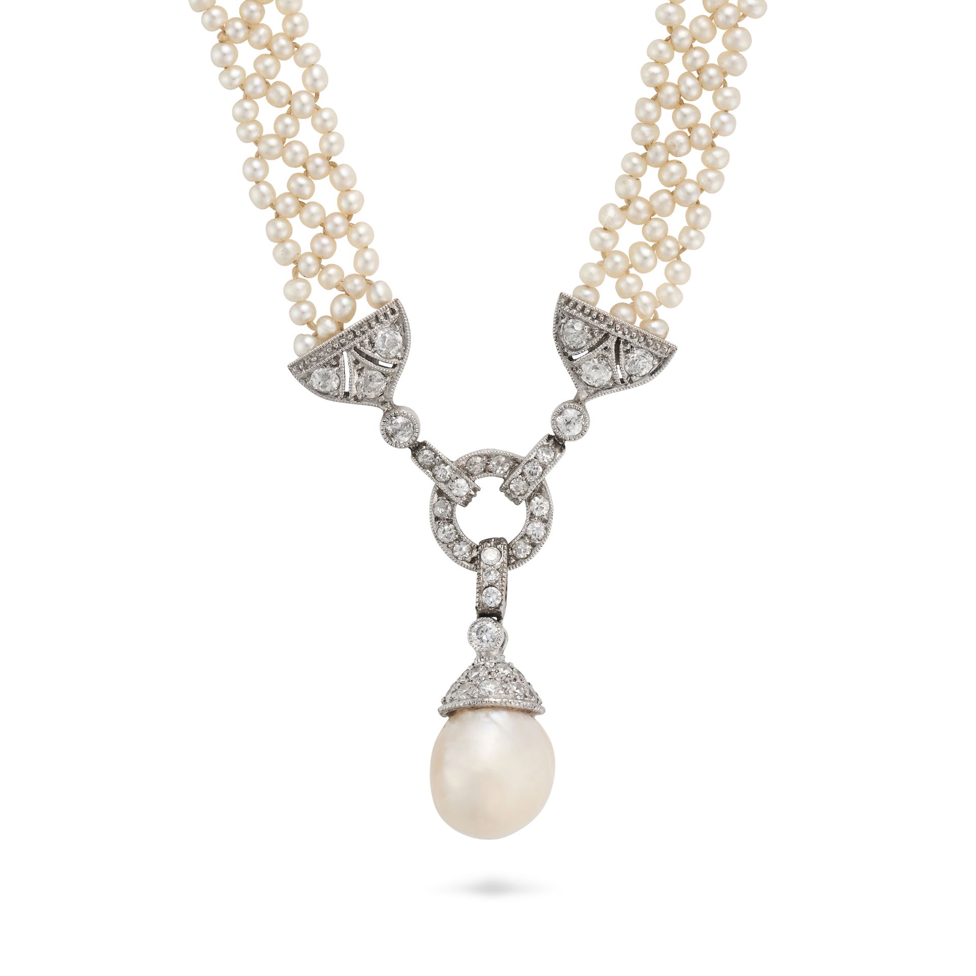 A PEARL AND DIAMOND SAUTOIR NECKLACE the necklace set throughout with seed pearls accented by old...