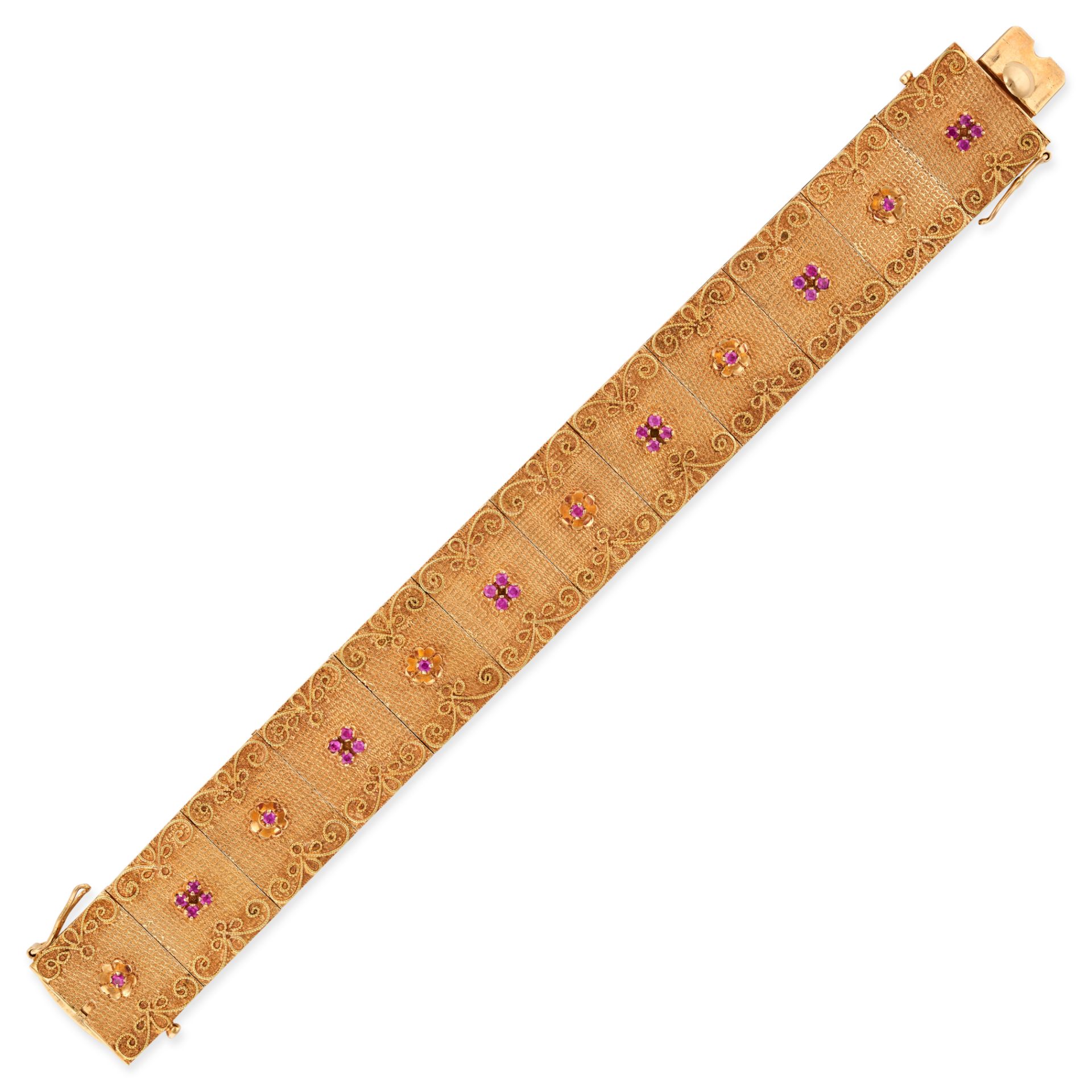 BREVETTO, A VINTAGE RUBY BRACELET in 18ct yellow gold, comprising a row of rectangular panel link...