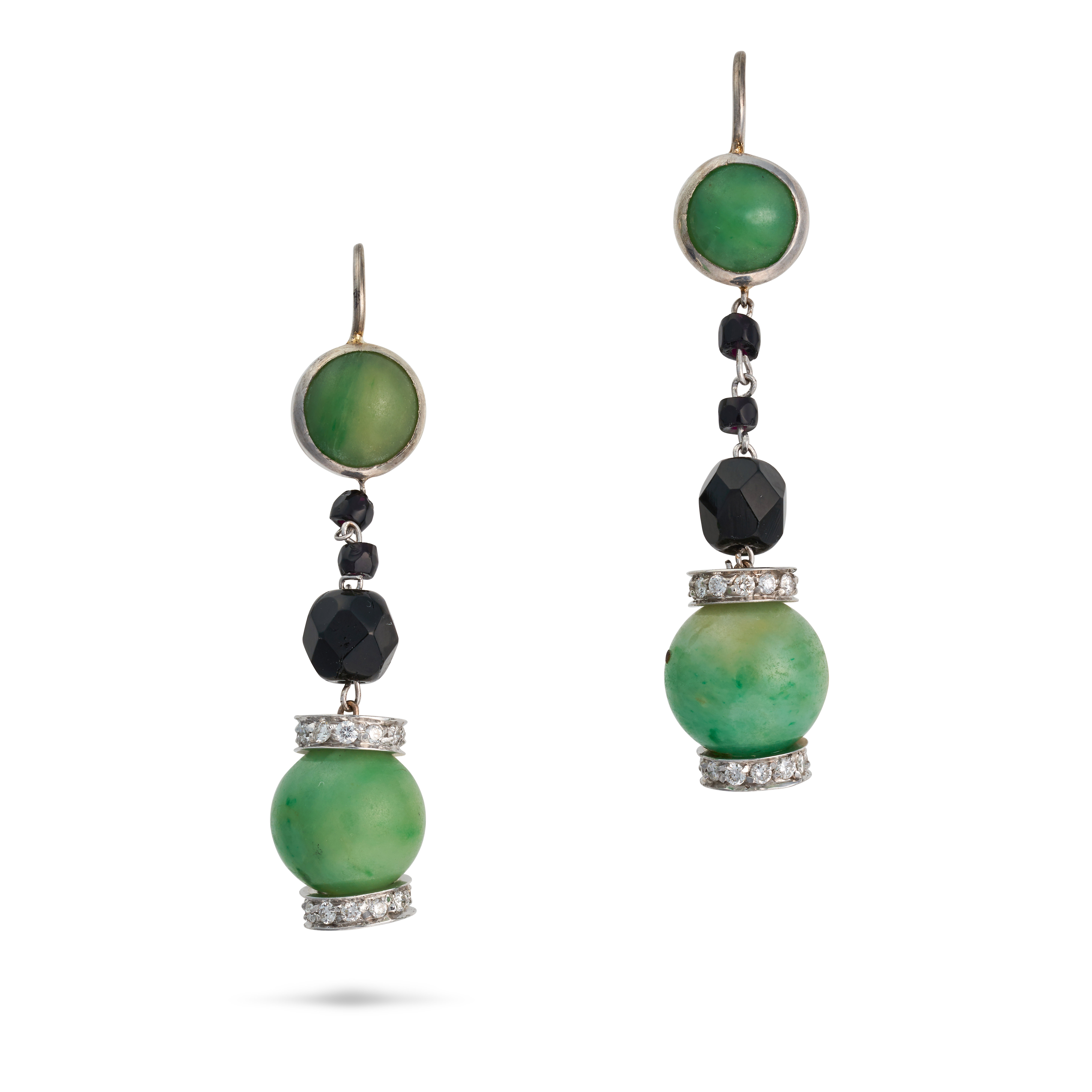 A PAIR OF JADEITE JADE, ONYX AND DIAMOND DROP EARRINGS each set with a cabochon jadeite jade, sus...