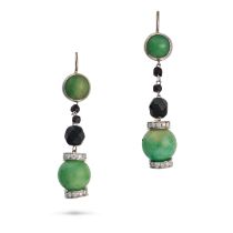 A PAIR OF JADEITE JADE, ONYX AND DIAMOND DROP EARRINGS each set with a cabochon jadeite jade, sus...