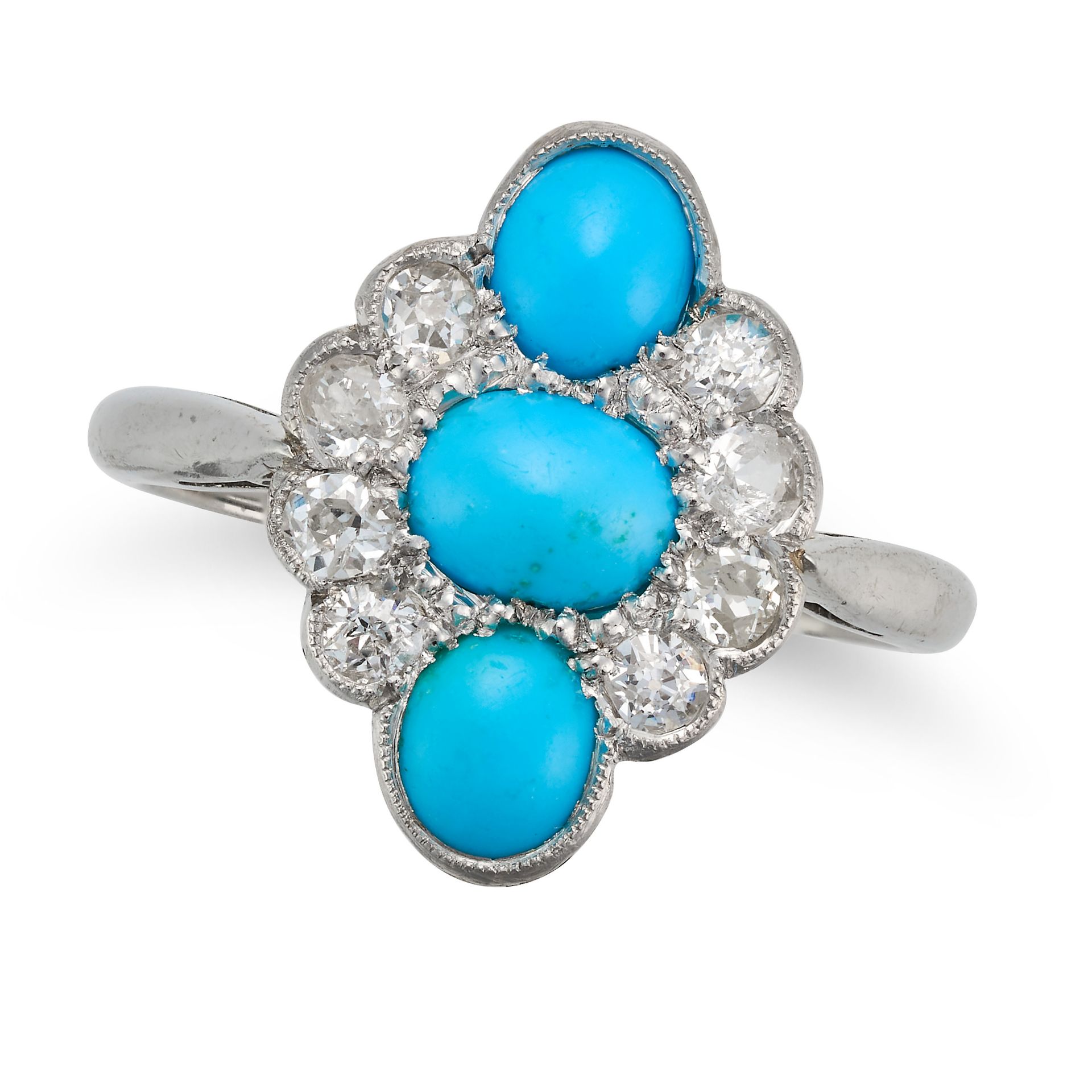 A TURQUOISE AND DIAMOND DRESS RING set with three cabochon turquoise in a border of old cut diamo...