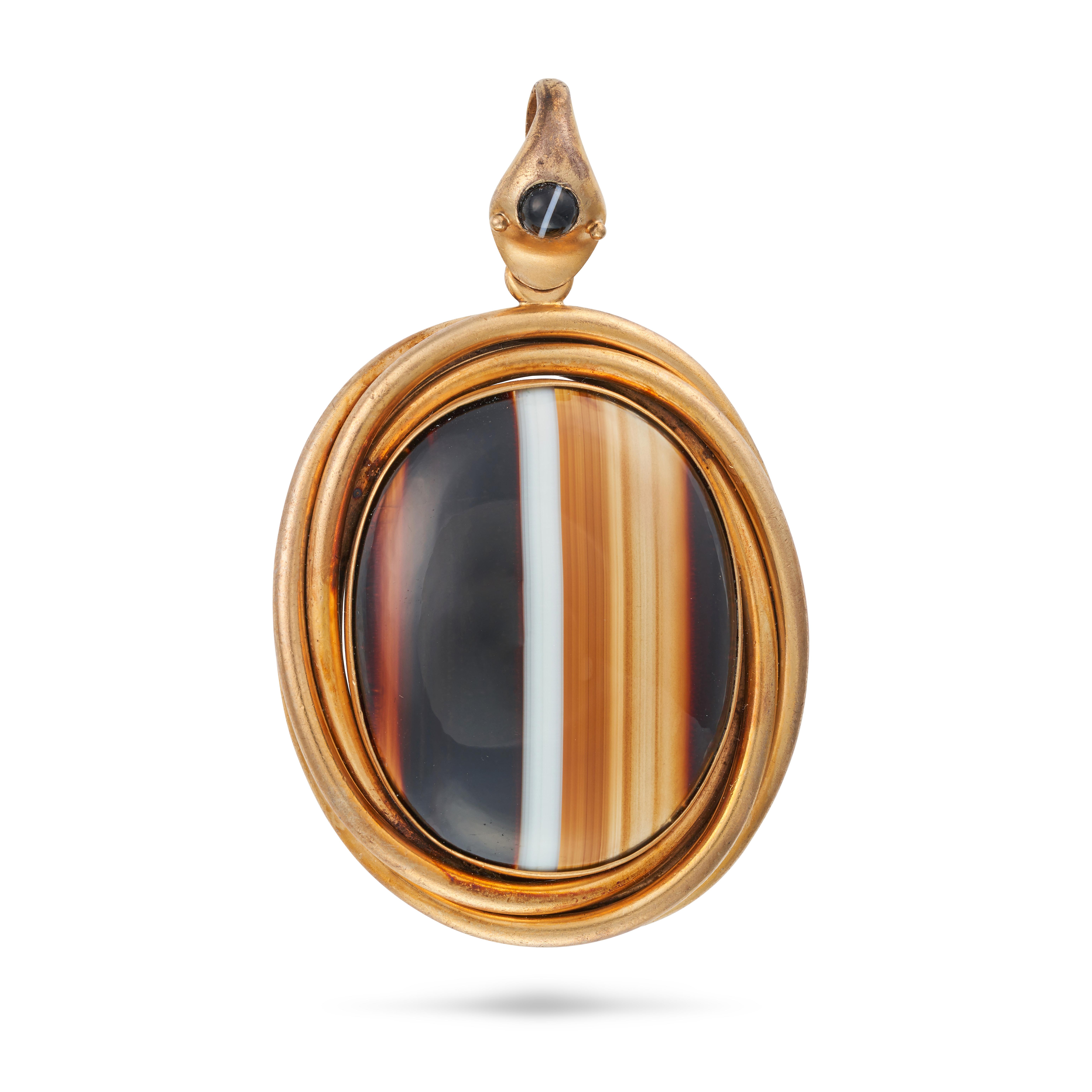 AN ANTIQUE BANDED AGATE SNAKE PENDANT the bail designed as the head of a snake set with a cabocho...