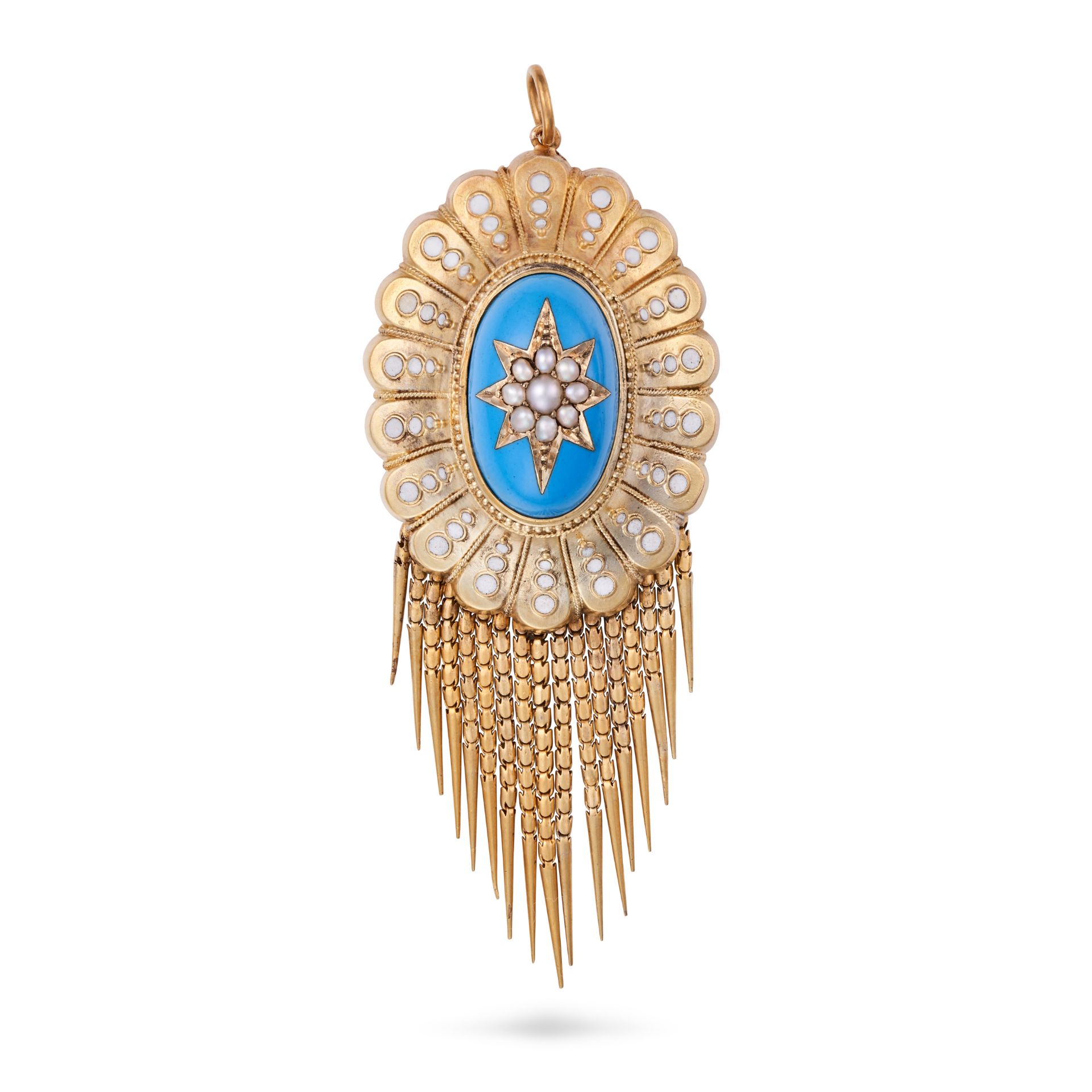 AN ANTIQUE PEARL AND ENAMEL TASSEL LOCKET PENDANT in yellow gold, the domed body comprising a sta...